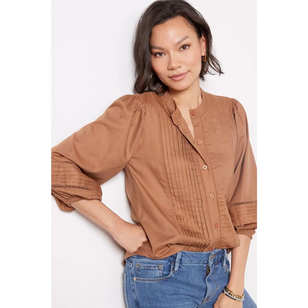 Evereve Womens Lenny Crochet Trim Blouse Button-Front 3/4 Sleeves Brown Size XL
